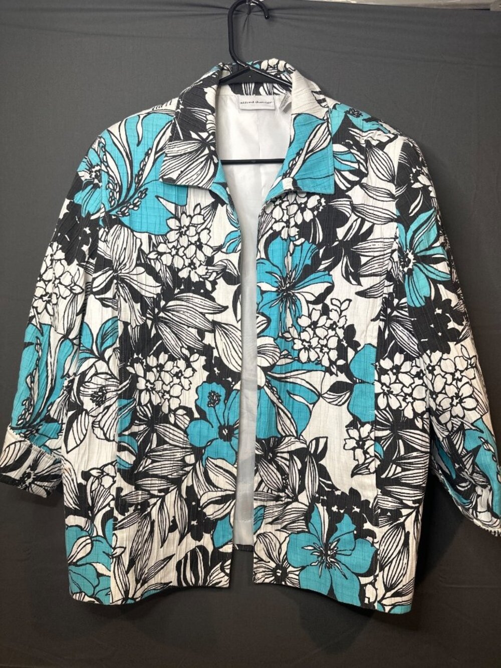 Alfred Dunner Women’s 14 Floral Blazer Jacket Cotton Blend Turquoise Black White